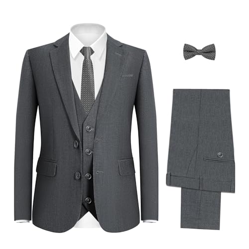 Happy Dolphin Boy Suit Slim Fit 5 Pieces Kids Suit Boy Wedding Suit Communion Ring Bearer Size 10 Tuxedo Outfit Charcoal Dark Grey Set Dress Clothes Teen Youth Adjustable Waist