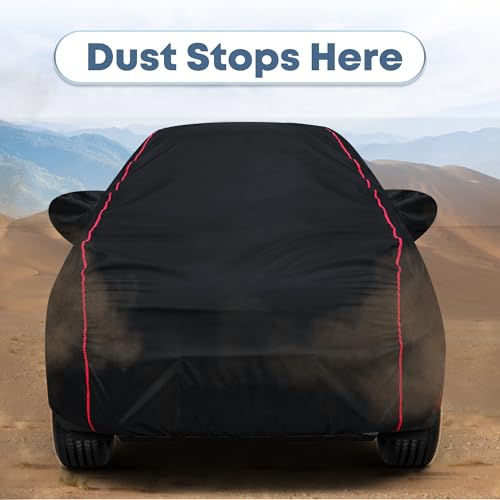 Image of Waterproof Car Cover for Tata Tiago | All-Weather Protection, Dustproof & UV Resistant | Triple Stitched Mirror Pockets, Windproof Buckle Strap with Elastic Hem, Black-Red Piping