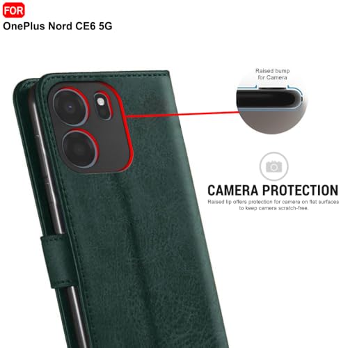 Image of TheGiftKart Genuine Leather Finish Flip Back Cover Case for OnePlus Nord CE 6 5G | Inbuilt Pockets & Stand | Wallet Style | Designer Button | Flip Back Cover for OnePlus Nord CE6 (Faux Leather, Green)