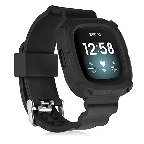 MOFREE Compatible with Fitbit Versa 3 /Versa 2 Band with Case Protector for Women Men, Silicone Protective Replacement Sport Wristband Case Band Strap Accessories for Versa 3 Smart Watch (Black)