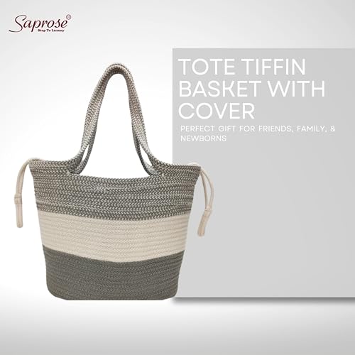 Image of SAPROSE Polypropylene Tote Tiffin Basket With Cover Carry Bag, Storage Basket, Picnic Basket, Lunch Bag, Tiffin Basket, Handbag for Lunch Box and Water Bottle, (29 x 18 x 28 cm) (Grey)