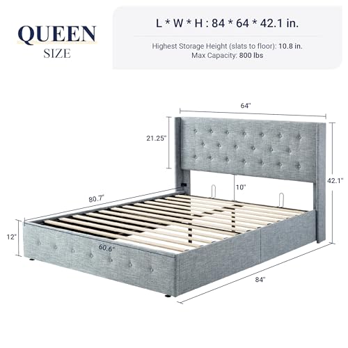 Allewie Queen Size Lift Up Storage Bed, Button Tufted Headboard with Wingback, Hydraulic Support, No Box Spring Needed, Grey Blue