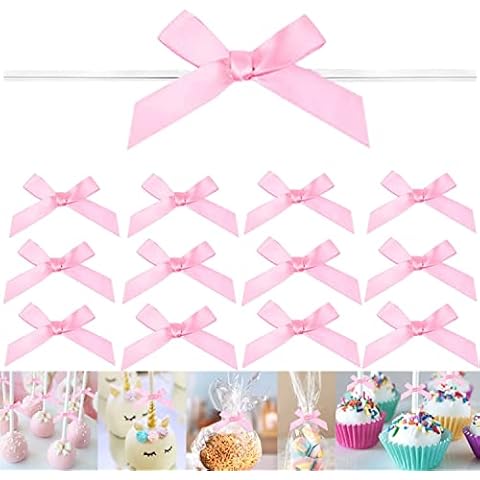 GUIFIER 100 PCS 3 Inch Pink Twist Bows for Treat Bags, Satin Twist Tie Bows, Pre Tied Bows with Wire, Ribbon Bows with Twist Ties, Bow Ties for Gift Bags, Popcorn Bags, Cookie Bags, Party Favors Cover
