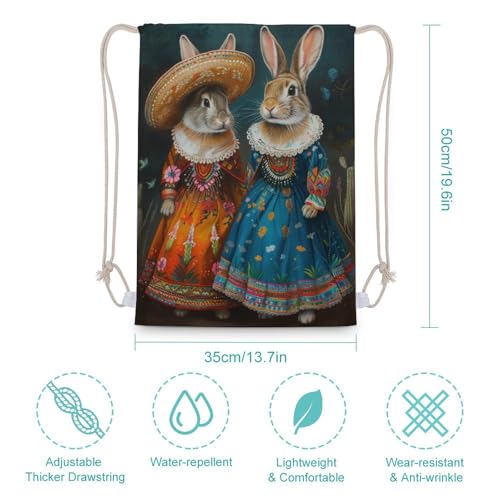 Vintage Two Rabbits Drawstring Backpack Canvas String Bag Lightweight Sports Gym Bag for Men Women2