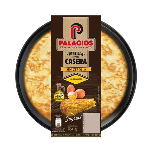 Tortillas PALACIOS, La Tortilla Española con Cebolla y Sin Cebolla, Chorizo, Espinacas,Calabacin y los Pinchos de Tortilla ( Refrigerado) (2 Tortilla fresca casera, Sin Cebolla y con AOVE, 650 Gr.)