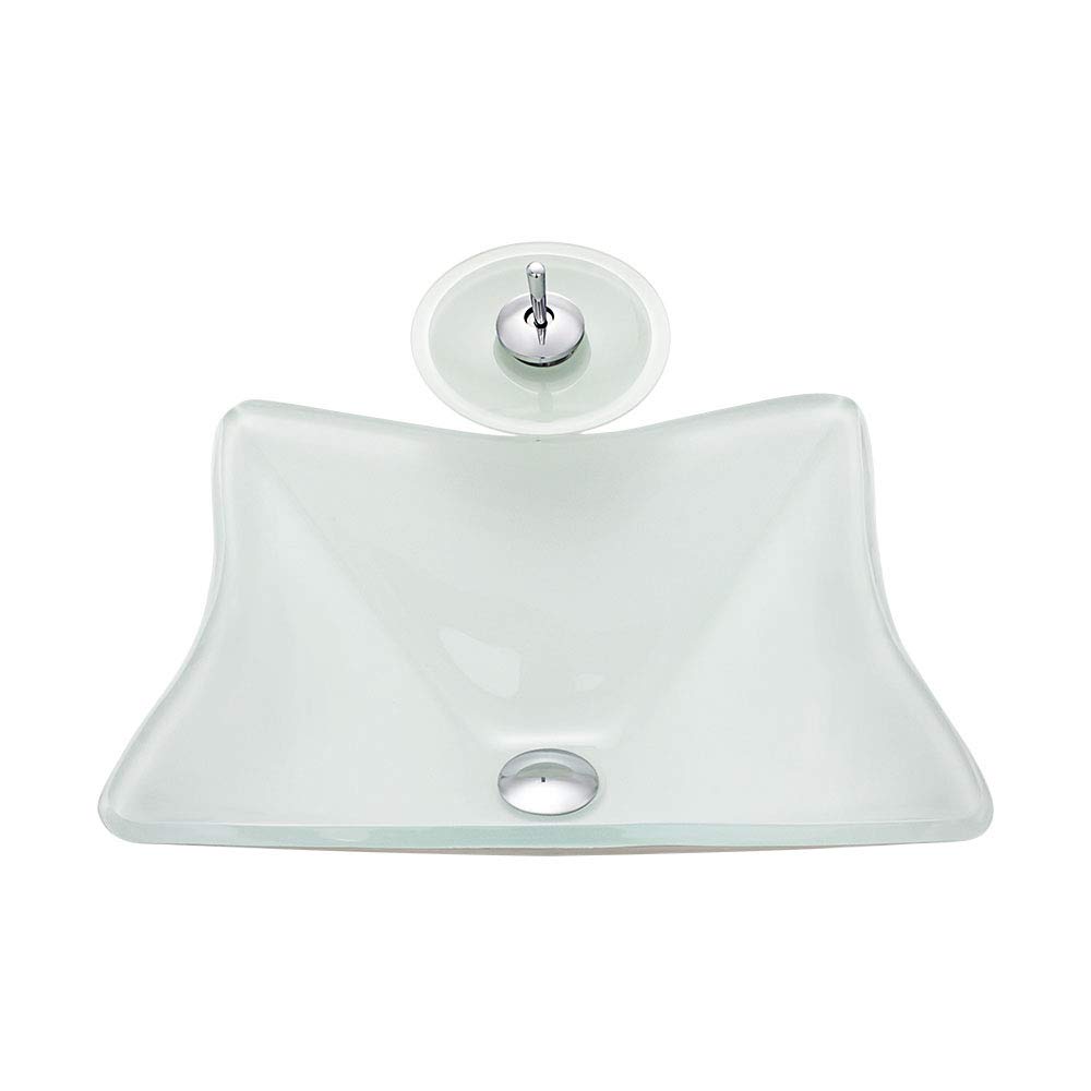 Vasque à poser en verre trempé blanc haute résistance avec drain et robinet