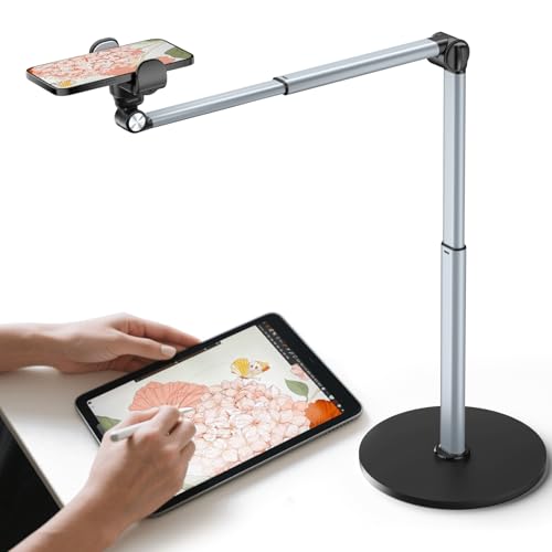 Heavy Duty Aluminum Overhead Phone Stand for Recording, Adjustable iPhone Tripod for Overhead Shots, Sturdy Stand for Cooking, Crafting, Filming, Painting – Perfect for Creators（Clip）
