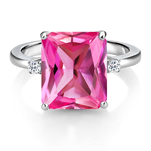 Gem Stone King 6.68 Cttw 12X10MM Pink Created Sapphire and 2MM White Topaz 3 Stone Engagement Ring For Women | 925 Sterling Silver | Gemstone September Birthstone | Available in Size 5,6,7,8,92