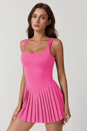 Image of QINSEN Womens Square Neck Tennis Dress Pleated Sleeveless Built in Shorts Golf Athletic Dress with Pockets