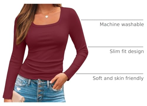 Image of AUTOMET Women's Square Neck Ribbed Long Sleeve Slim Fit Tops Fall