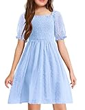 Arshiner Tween Dress Lace Stretchy Puffy Lantern Sleeve Square Neck Pleated Summer Vacation Fancy Dresses Blue 6-7Y