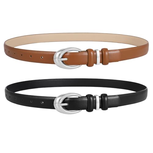 LEACOOLKEY 2 Pack Women Leather Belts for Jeans Dress Fashion Belt with Silver Buckle, Total 47