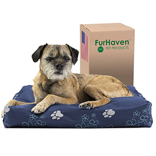 Image of Furhaven Water-Resistant Pillow Dog Bed for Small Dogs w / Removable Washable Cover - Indoor & Outdoor Garden Print Mattress - Lapis Blue, Small