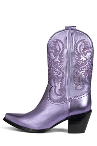 Jeffrey Campbell Rancher-MD Lilac Metallic Mid-Shaft Embroidered Western Boot (9, Lilac Metallic)