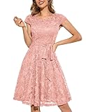 MUADRESS Women Cap-Sleeve Lace Floral Elegant Cocktail Dress Crew Neck Knee Length Bridesmaid Dresses for Party Blush S