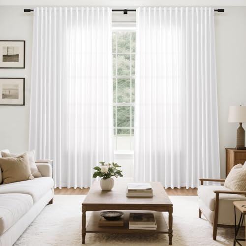 Image of Nanspring Extra Wide 100x96 Inch Linen Curtains for Living Room Divider Light Filtering Semi Sheer Patio Curtains for Sliding Door White Coastal Decor Sunroom Floor to Ceiling Window Curtain Panel