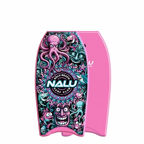 ADEPTNA Nalu XPE Bodyboard with Leash Lightweight Surf Body Board with Crescent Tail EPS Core & HDPE Slick Bottom Durable Beach Wave Riding Board for Beginners & Adults (33 PINK)