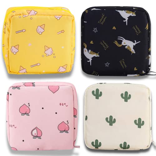 Reusable Sanitary Napkin Pads Storage Bag Portable for Women Girls | Made of Nylon + Water Resistance | Zero Waste Period (4-Pack) (Icecream + Peach + Unicorn + Cactus)