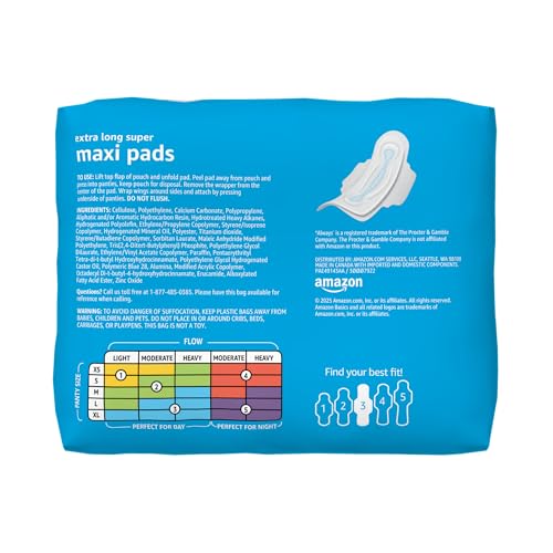 Image of Amazon Basics Thick Maxi Pads with Flexi-Wings for Periods, Extra Long Length, Super Absorbency, Unscented, Size 3, 104 Count (4 Packs of 26)