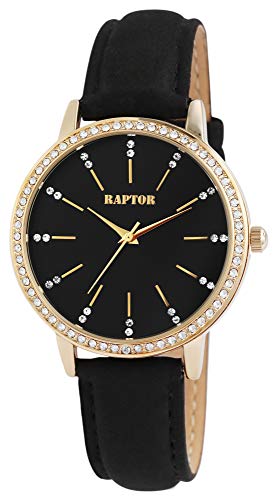 Raptor Damen-Uhr Echt Leder Armband Strass Glitzer Elegant Analog Quarz RA10176 (schwarz/goldfarbig)