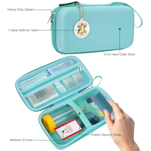 Image of MGZNMTY Travel Carrying Case Compatible with Asthma Inhaler Spacer for Adults and Children, Masks, Inhaler Holder with Asthma Alert Tag and Medical Card, Carabiner (Only Case) (Green)