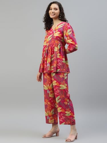Image of DEEBACO Women's Leaf Print Rayon Peplum Top & Pants Co-Ord Set for Women V-Neck Puff 3 /4 Sleeves Ladies Party Casual Wear Fashionable for Girls Relaxed Fit Cord Set (Magenta)