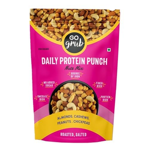 Go Grub Daily Protein Nuts Mix (Pack of 2) (250 + 250 gm)- Plain Salted & Roasted Almonds, Cashews, Chickpeas, Peanuts Dry fruit Mix | Vitamin C, Fiber & 20g Protein Rich | High Protein Snacks