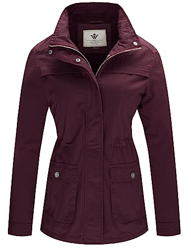WenVen Women's Deep Wine Canvas Army Jacket - Large, Fall Casual Track Anorak