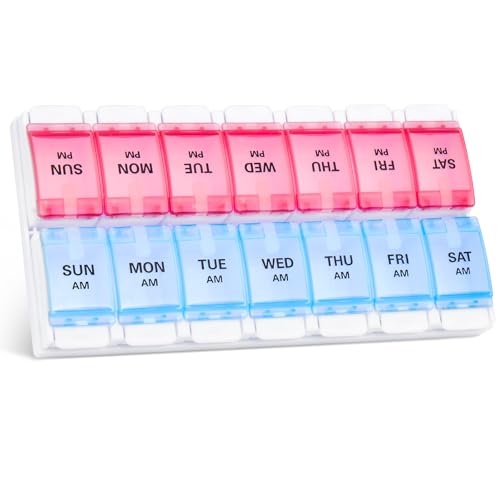 Image of Sukuos Weekly Pill Organizer 7 Day 2 Times A Day, AM PM Medicine Pill Box with Easy Push Button, BPA Free Vitamin Cases for Fish Oil /Supplements, Easy to Clean (Red&Blue)