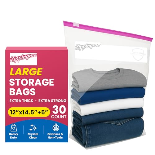 Image of Reusable Transparent Storage Bags with Slider Zip Lock | 30 Large Size (12 inchx14.5 inch with 5 inch Bottom) | Ziplock Pouch or Bag for Clothes, Shoes, Saree & Travel Packing | Zipper Pouch