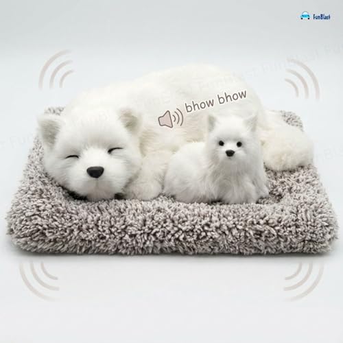 Image of FunBlast Sleeping Cute Dog with Puppy - Realistic Soft & Lifelike Pet Puppy with Bed for Car Dashboard and Home Decor, Sleeping Dog Soft Toy (White)