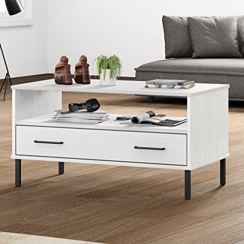 CKioict Mesa de Centro Patas Metal Oslo Madera Maciza Blanco Mesa de Centro de Madera con Cajón y Almacenaje Espacioso 85x50x45cm