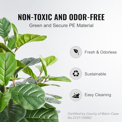 Image of ARICK DECOR 6Ft Artificial Fiddle Leaf Fig Tree in Pot, 180cm Realistic Faux Lush Green Silk Leaf Plant, Peacock Shaped Large Floor Decor for Home, Office & Balcony with Black Pot