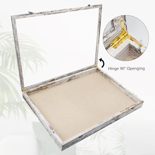 Image of GraduationMall 18x24 Wood Shadow Box Frame Glass Door Display Case with Linen Back and 6 Stick Pins,1.5 inches Interior Depth,Ideal for Memorabilia Pictures Flowers Medals Tickets Rustic White