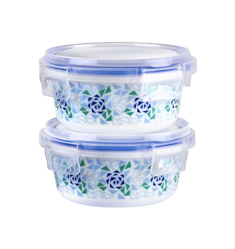 Image of CELLO Opalware Mosaic Rose Lunch Box with Jacket | Leak-Proof & Thermal Resistant | Microwave Safe & Dishwasher Safe | 2 Container with Lid 300ml Each | Set of 2
