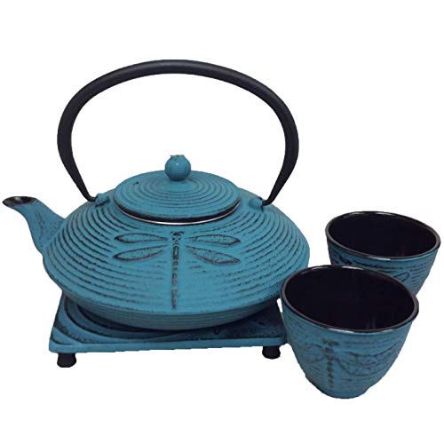 Cuisiland Dragonfly Cast Iron Teapot Set with 2 Cups 27oz Light Blue