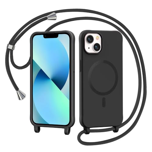 AOMYKE Handyband für iPhone 13 / iPhone 14 Hülle mit Band, Magnetisch Handyhülle kompatibel mit Magsafe zum Umhängen Schutzhülle mit Kette Kordel Weich TPU Liquid Silikon Case，Schwarz