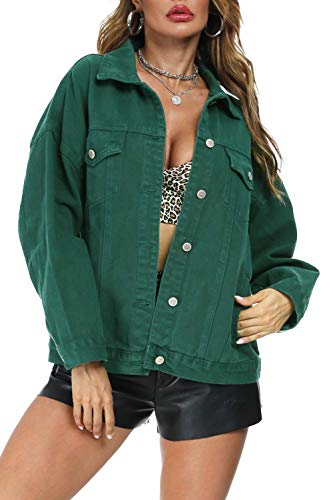 Cantonwalker Loose Women's Denim Jean Jacket,Oversize Vintage denim jacket,Long Sleeve Boyfriend Denim Jacket coat (Forest Green, M)