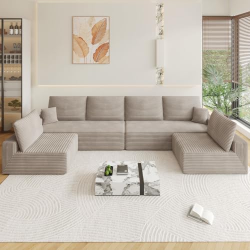 Image of Oversized Modular Sectional Sofa Couch, Large 6 Seater Corner Sofa Modern U Shaped Sectional Couch Cloud Couches for Living Room, Office, Spacious Space, Corduroy, No Assembly Required, Camel