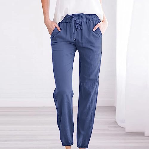 Womens Casual Cotton Linen Pants Lightweight Summer Elastic Waisted Drawstring Plus Size Solid Lounge Long Trousers2