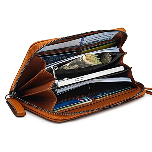 Image of Zipper Wallets for Women Large Capacity Wristlet Wallets Long Checkbook Clutch Ladies Wallets with Wrist Strap, Art-brown, Classic
