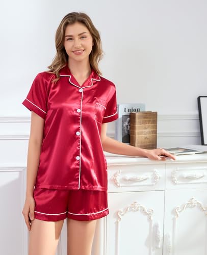 Satin Pajama Set for Women 2-Piece Satin PJ Set Button-Down Silk PJ Set - Classic Silky Pajama2