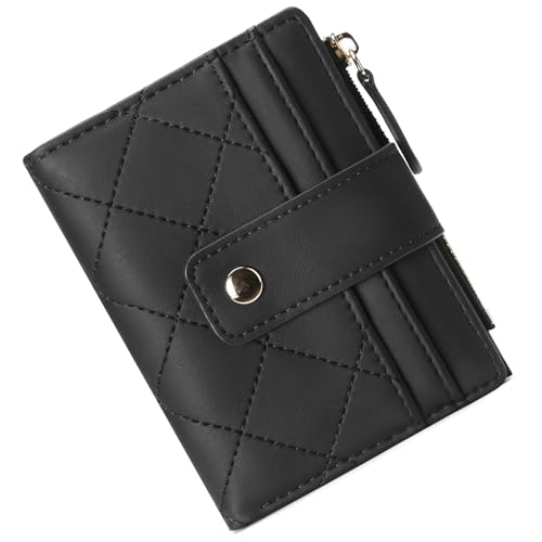 Small Genuine Leather Wallet for Women Bifold Card Holder with Zipper Coin Pocket Compact Purse (Black)