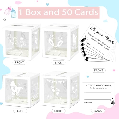 Image of 50 Diaper Raffle Tickets With Box for Baby Shower Game, Clear White Card Box for Gender Reveal Oh Baby Party Decoration