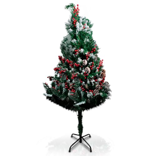 Árvore de Natal Nevada Decorada, 1,5m, com Pinhas e Frutas Vermelhas, Base Metálica