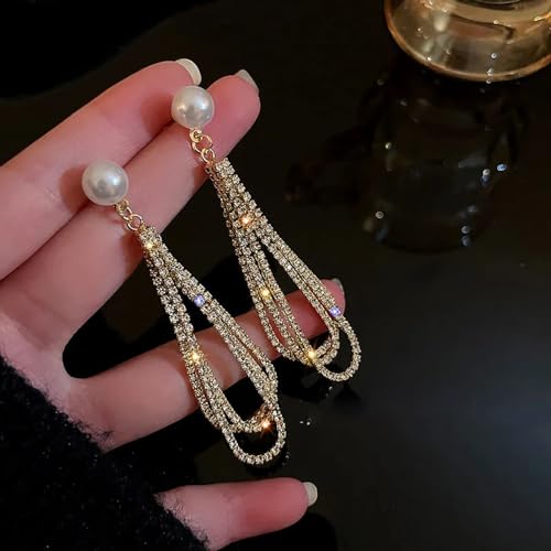 Cubic Zirconia Pearl Long Tassel Dangle Earrings Rhinestone Waterdrop Shape Tassel Drop Earrings Fashion Wedding Jewelry for Women Gifts2