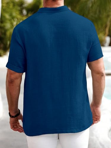 Image of Men Shirt | Black Textured Cotton Blend | Regular Fit Casual Shirt | Half Short Sleeve | Mandarin Chinese Collar | Button Down | Summer Office Wear | Stylish Shirt for Men