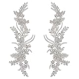FINGERINSPIRE 1 Paar Strass Spitzenapplikationen 330x110x5mm Weißer Handgefertigter Blumenstickerei Perlen Spitzen Strass Aufnäher Zum Aufnähen von Perlenapplikationen Für DIY Kleidung Und Dekoration