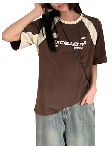 SweatyRocks Girl's Color Block Oversized T Shirts Raglan Sleeve Crewneck Letter Graphic Tees