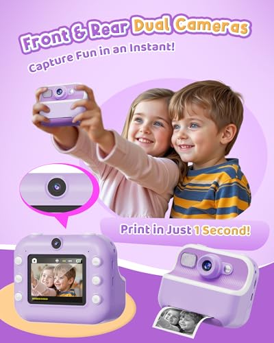 Instant Camera, Front Rear Dual Selfie Kids Camera with 1080P Videos, Holiday Birthday Gifts for Kids Age 3-12, Toddler Portable Travel Print Digital Camera Toy for 4 5 6 7 8 9 Year Boys Girls — view 3